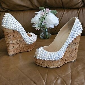 Women's Christian Louboutin Crystal Spike-Studded Block Wedge Heel Size 5.5 US